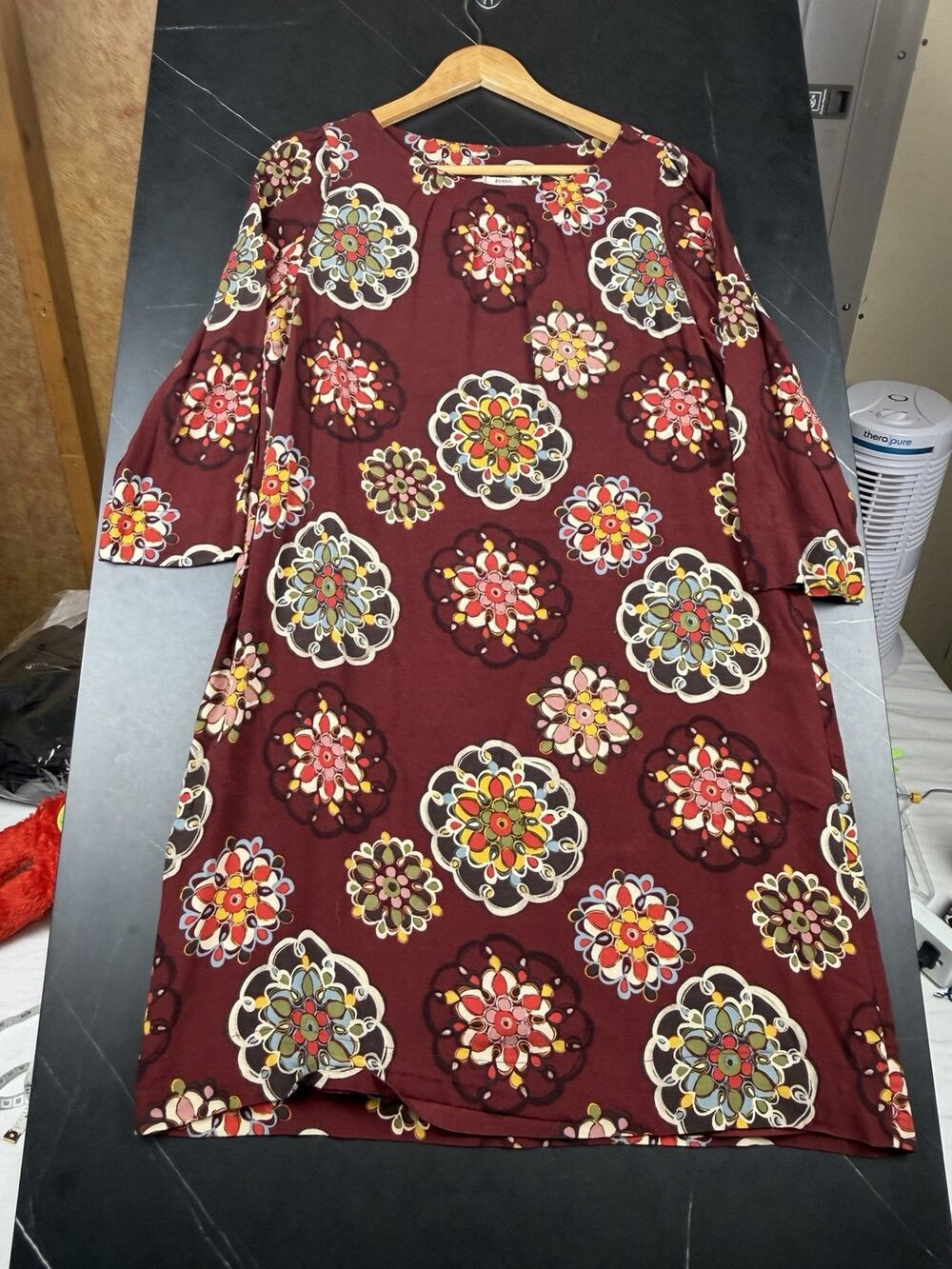 Fossil Dress Women’s L Burgundy Floral Medallion 3/4 Sleeve Shift Boho Retro